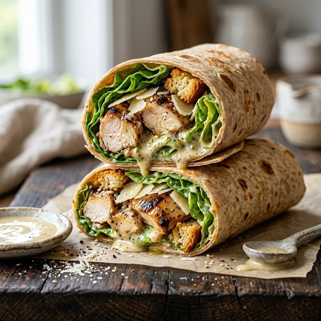 Delicious Chicken Caesar Wrap filled with chicken, romaine lettuce, and Caesar dressing
