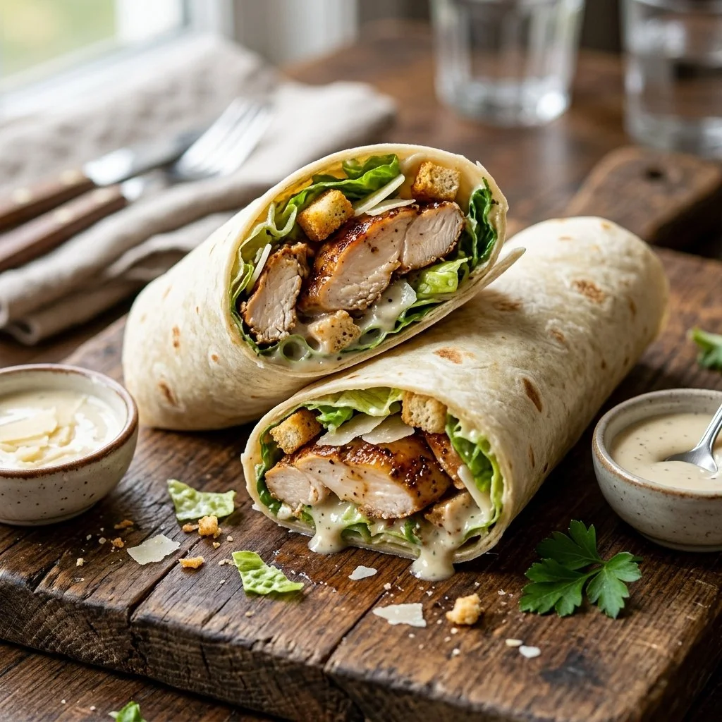 Delicious Chicken Caesar Wraps with romaine lettuce and parmesan cheese