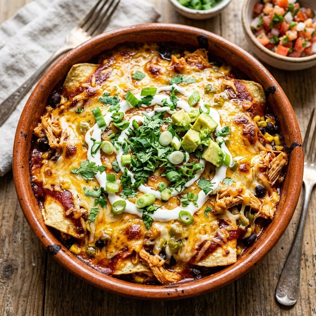 Savory Chicken Enchilada Casserole topped with cheese and spices