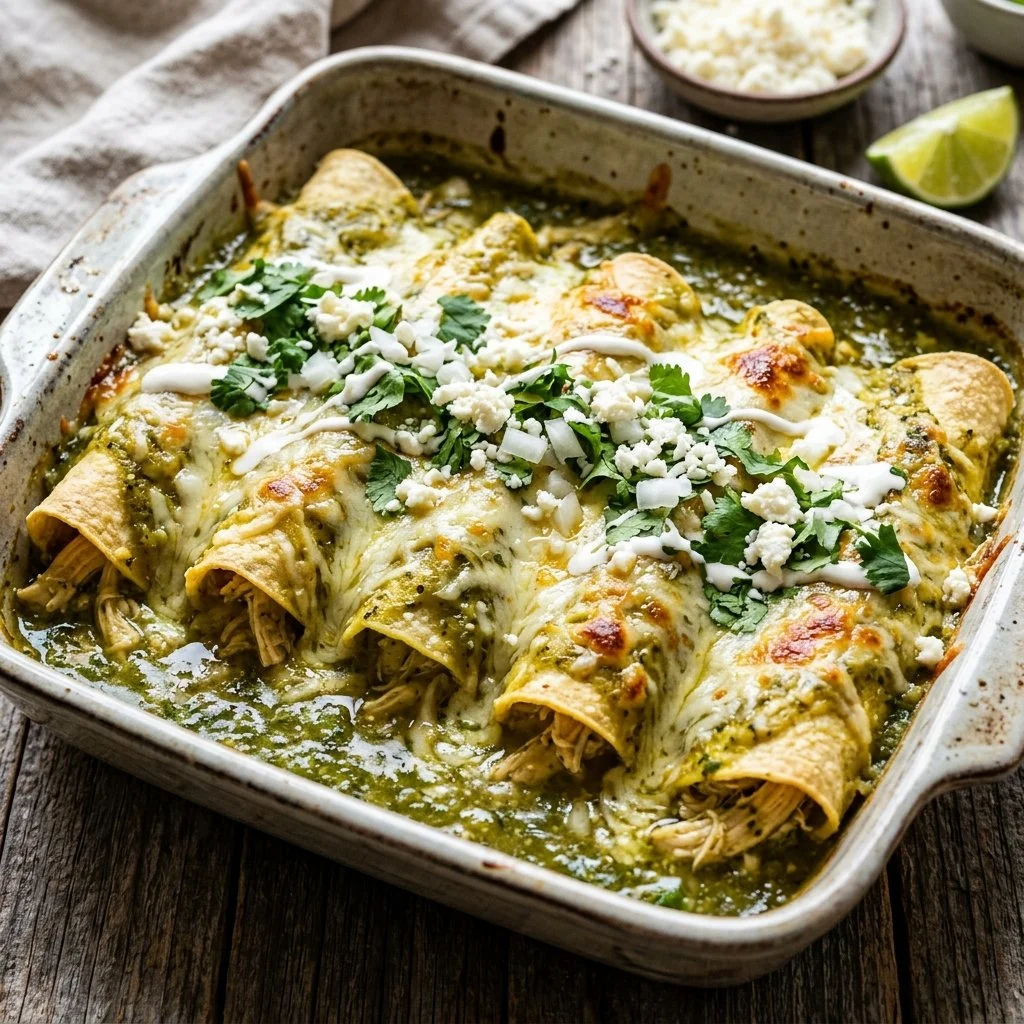 Plate of Chicken Enchiladas Verdes with green sauce and toppings