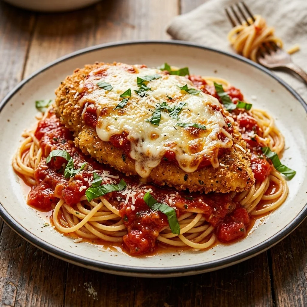 Golden-brown Chicken Parmesan served with marinara sauce and melted cheese