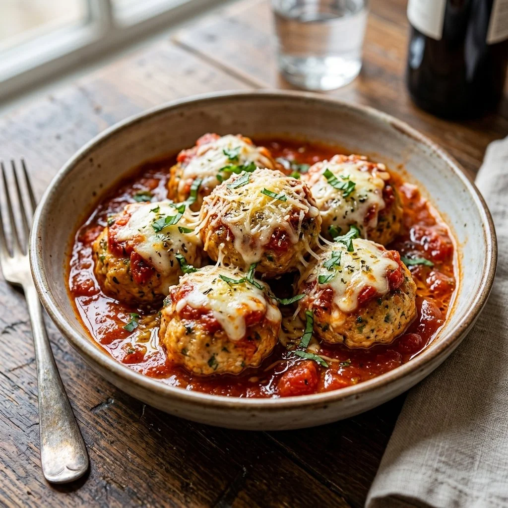 Delicious Chicken Parmesan Meatballs served with marinara sauce