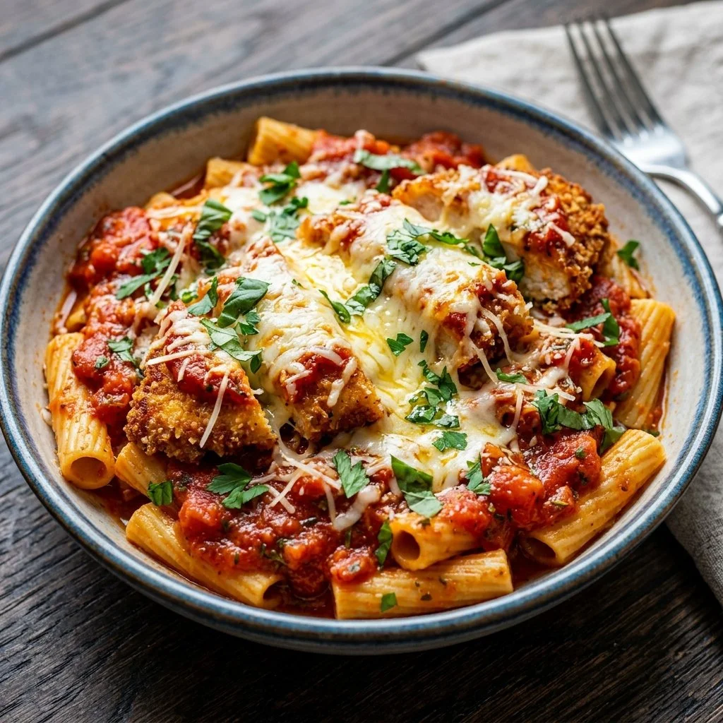 Plate of Chicken Parmesan Pasta with cheese and herbs