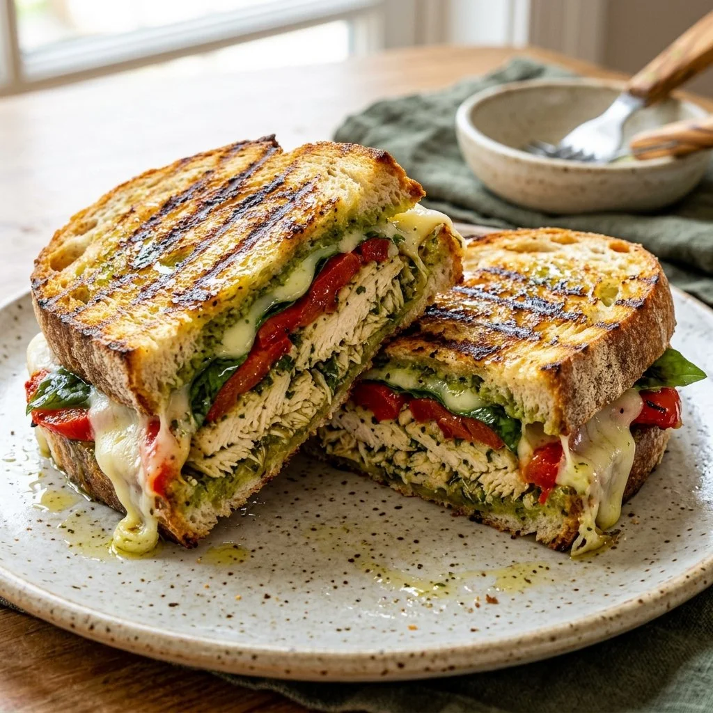 Chicken Pesto Panini with fresh basil and grilled chicken on a sandwich