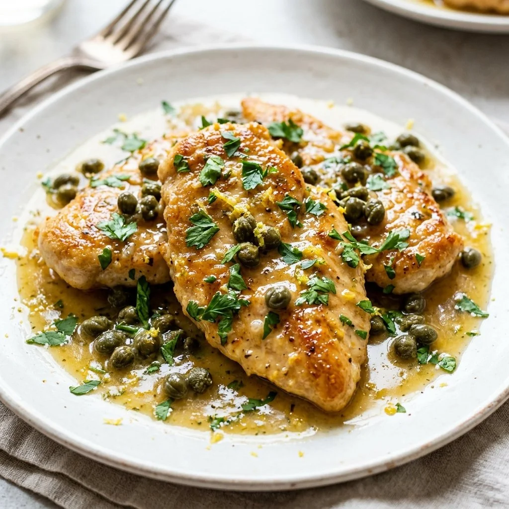 Deliciously prepared Chicken Piccata on a plate with capers and lemon slices