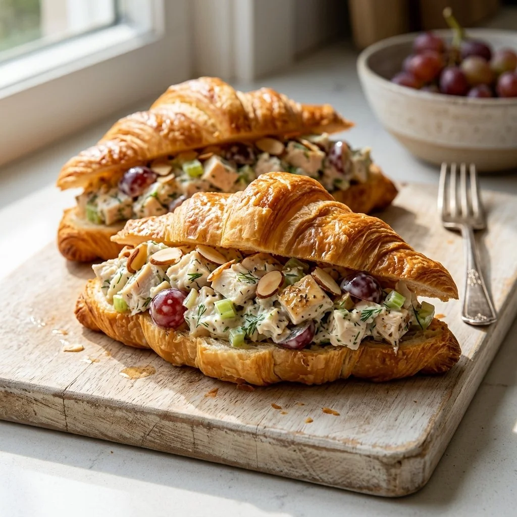 Delicious chicken salad croissants served with fresh greens