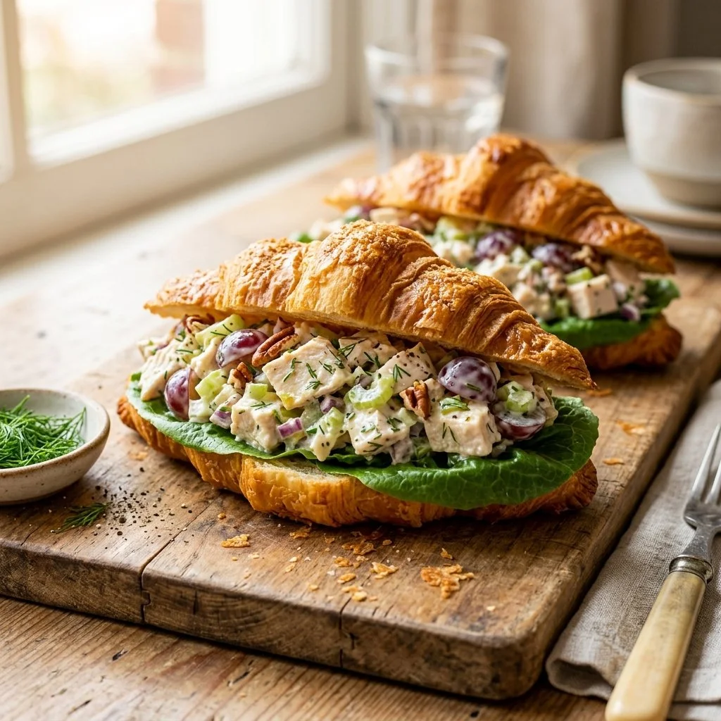 Delicious chicken salad croissants served on a plate