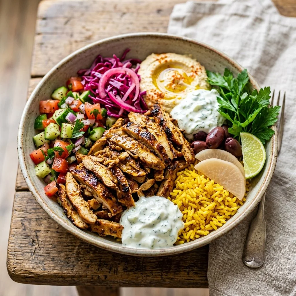 Delicious Chicken Shawarma Bowl with marinated chicken and fresh vegetables