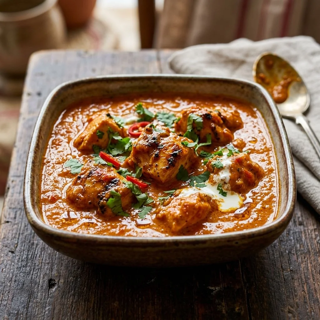 Delicious Chicken Tikka Masala dish served with rice and garnished with cilantro