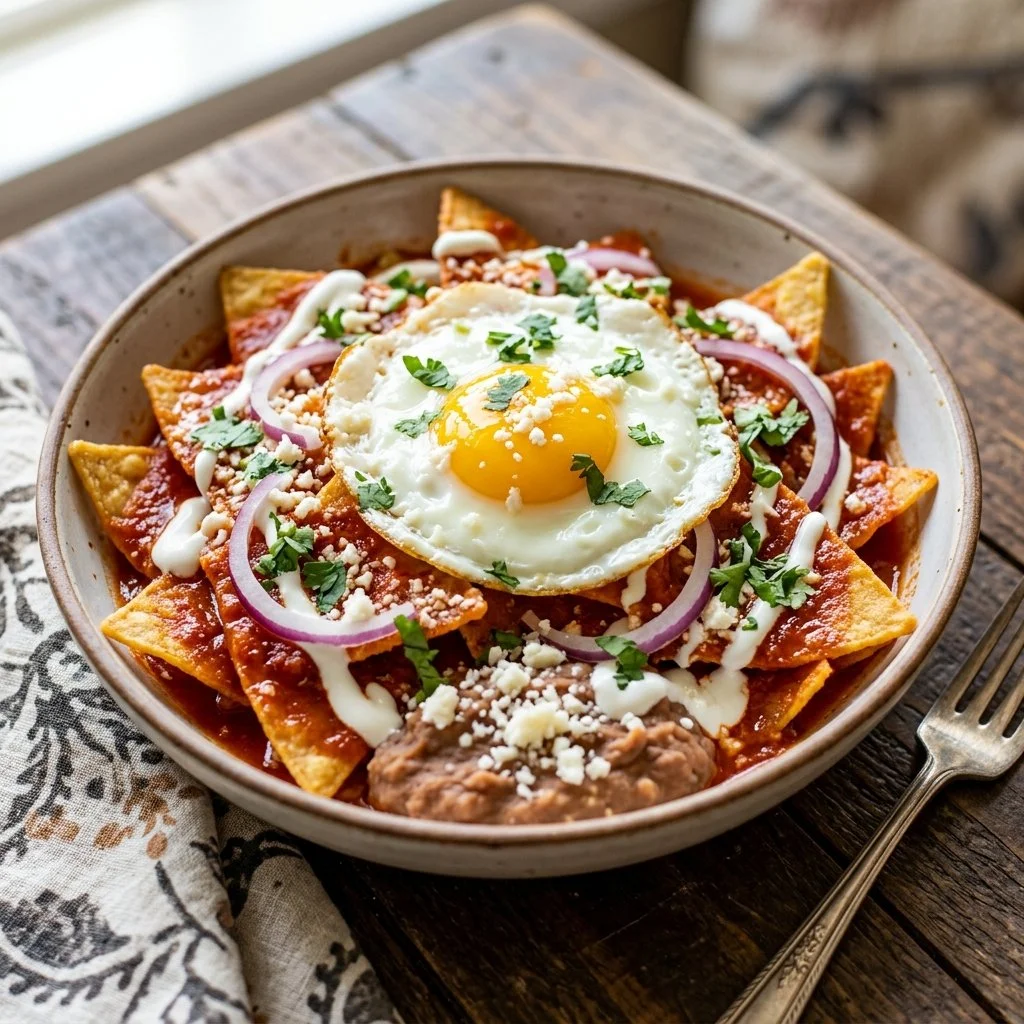 Plate of delicious Chilaquiles Rojos topped with cheese and avocado