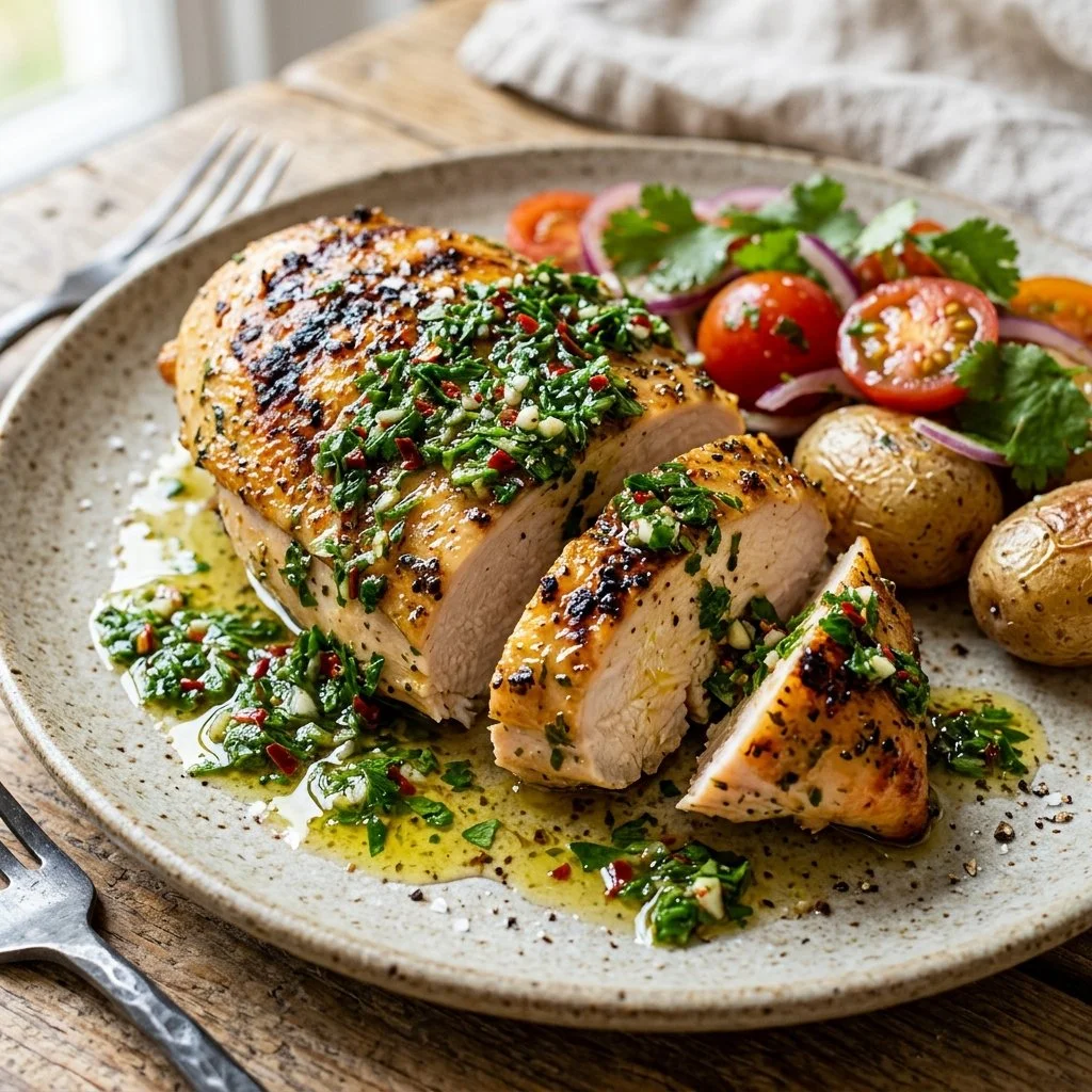 Juicy Chimichurri Chicken garnished with fresh herbs and spices