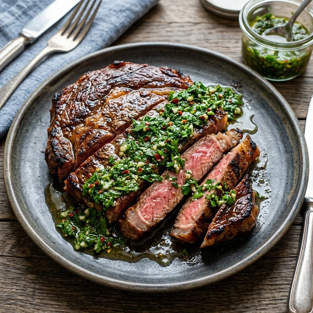 Grilled chimichurri steak topped with fresh herbs and garlic