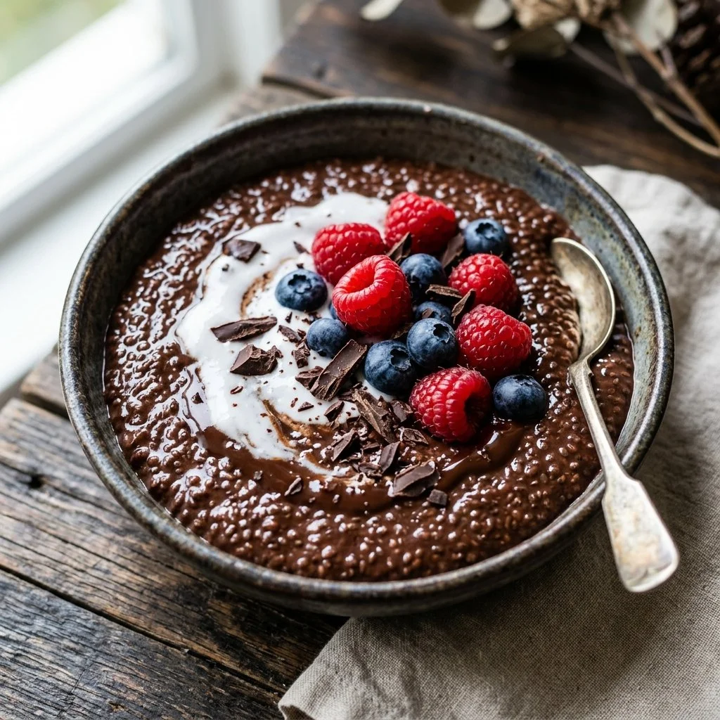 Delicious chocolate chia seed pudding in a glass with toppings