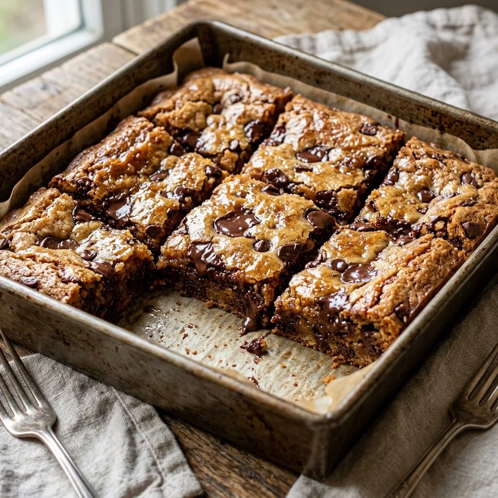 Delicious chocolate chip blondies in a square baking dish.