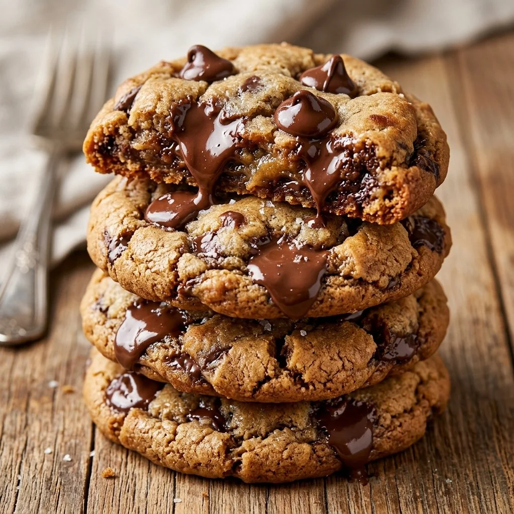 Freshly baked chocolate chip cookies stacked on a plate