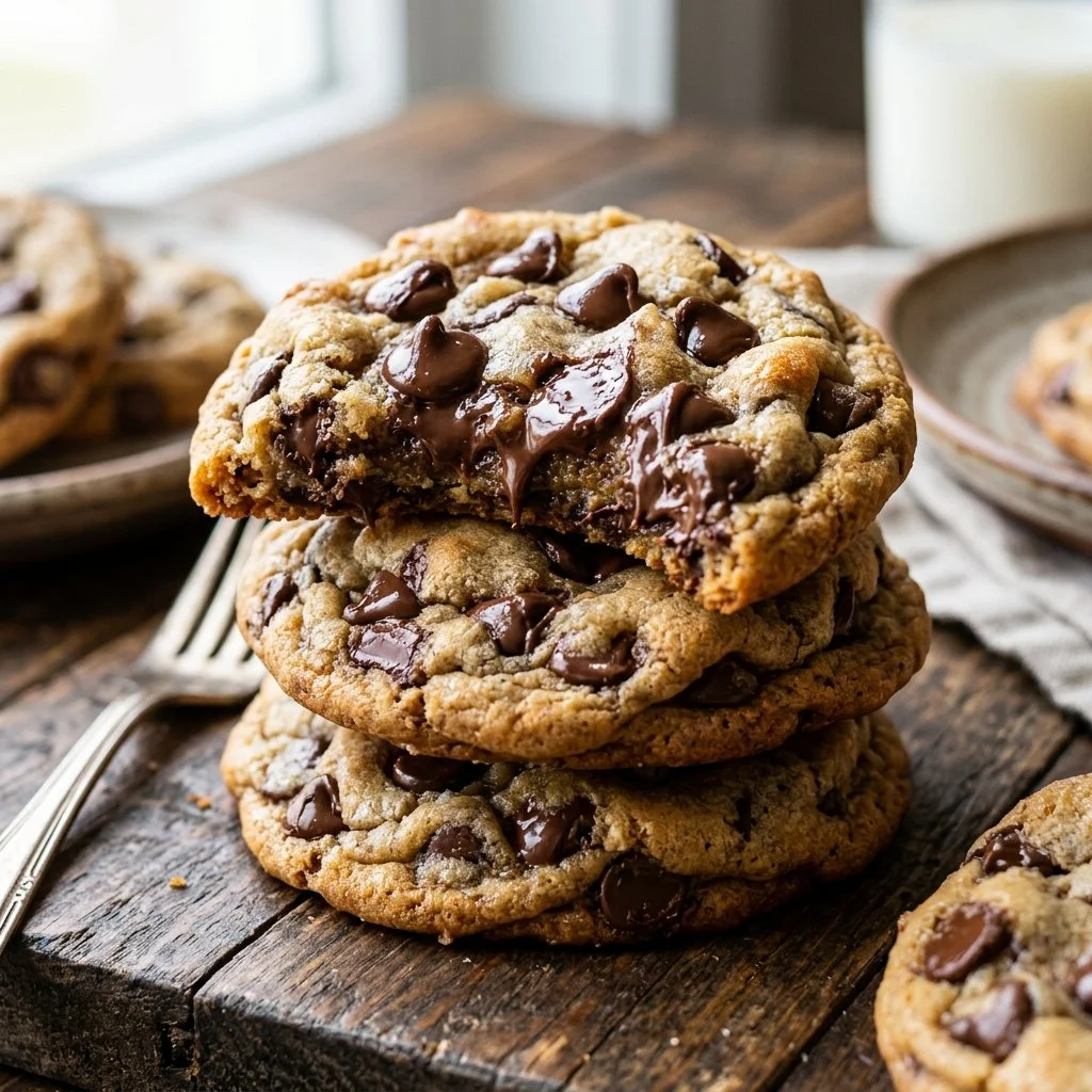 Freshly baked chocolate chip cookies on a cooling rack