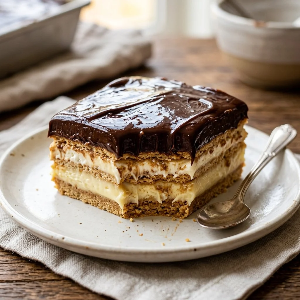 Delicious homemade Chocolate Eclair Cake with creamy filling and chocolate topping.