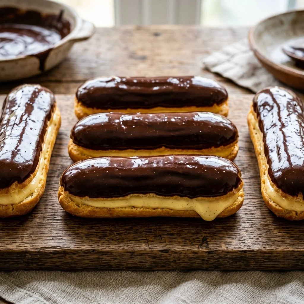 Delicious chocolate éclairs filled with luscious chocolate custard and glazed