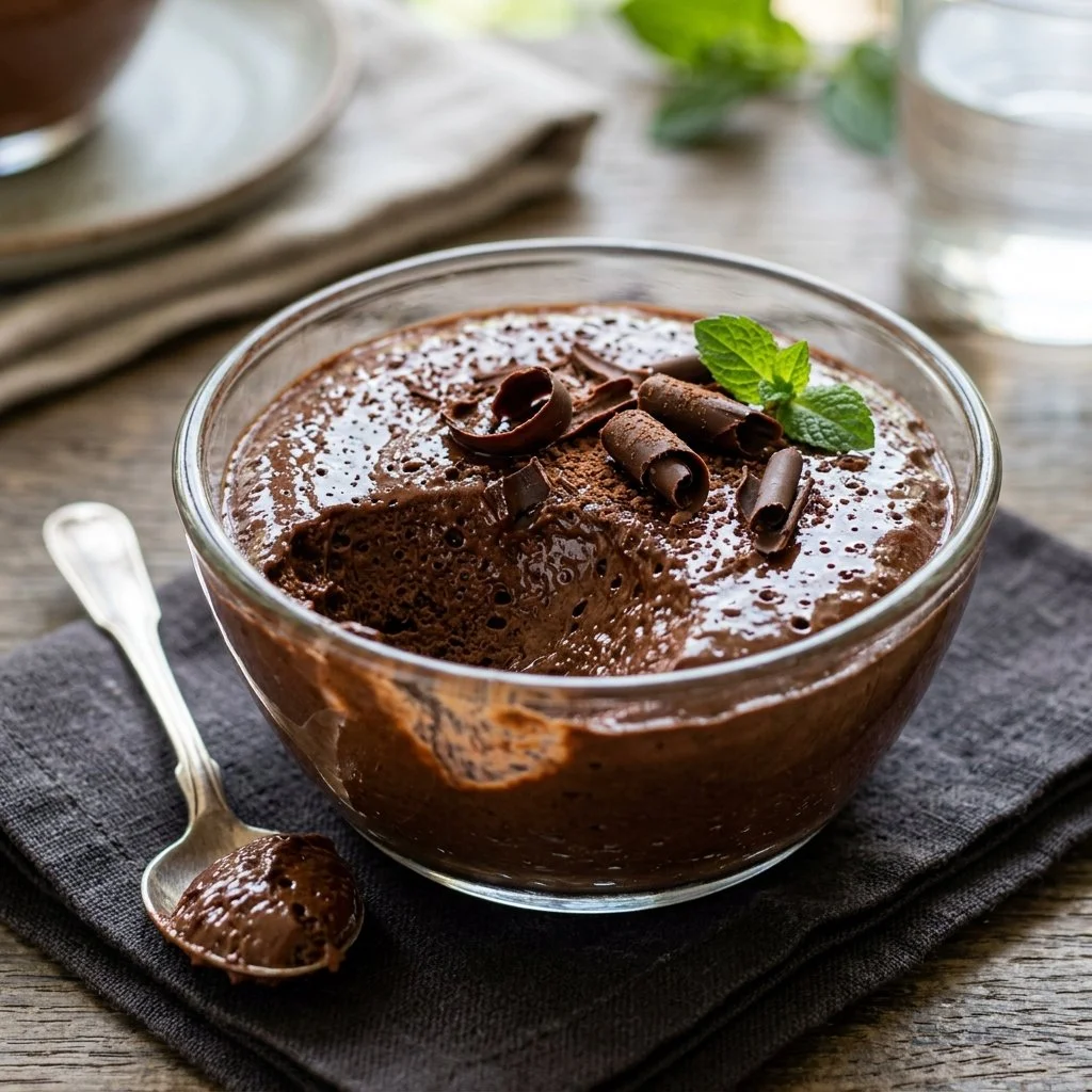 Delicious chocolate mousse dessert served in a glass with chocolate shavings.