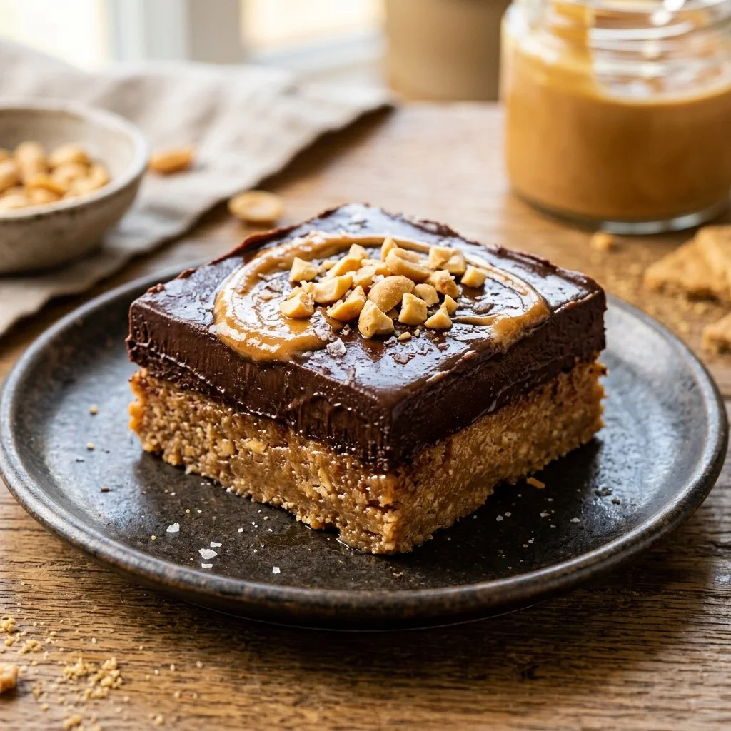 Delicious chocolate peanut butter bars topped with melted chocolate and peanuts.