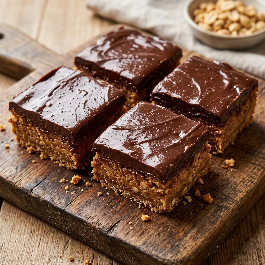 Homemade chocolate peanut butter bars on a white plate