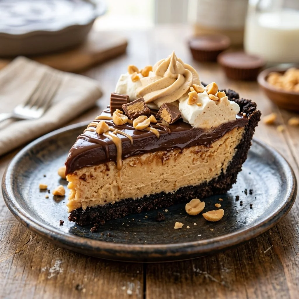 Delicious Chocolate Peanut Butter Pie served with chocolate drizzle.