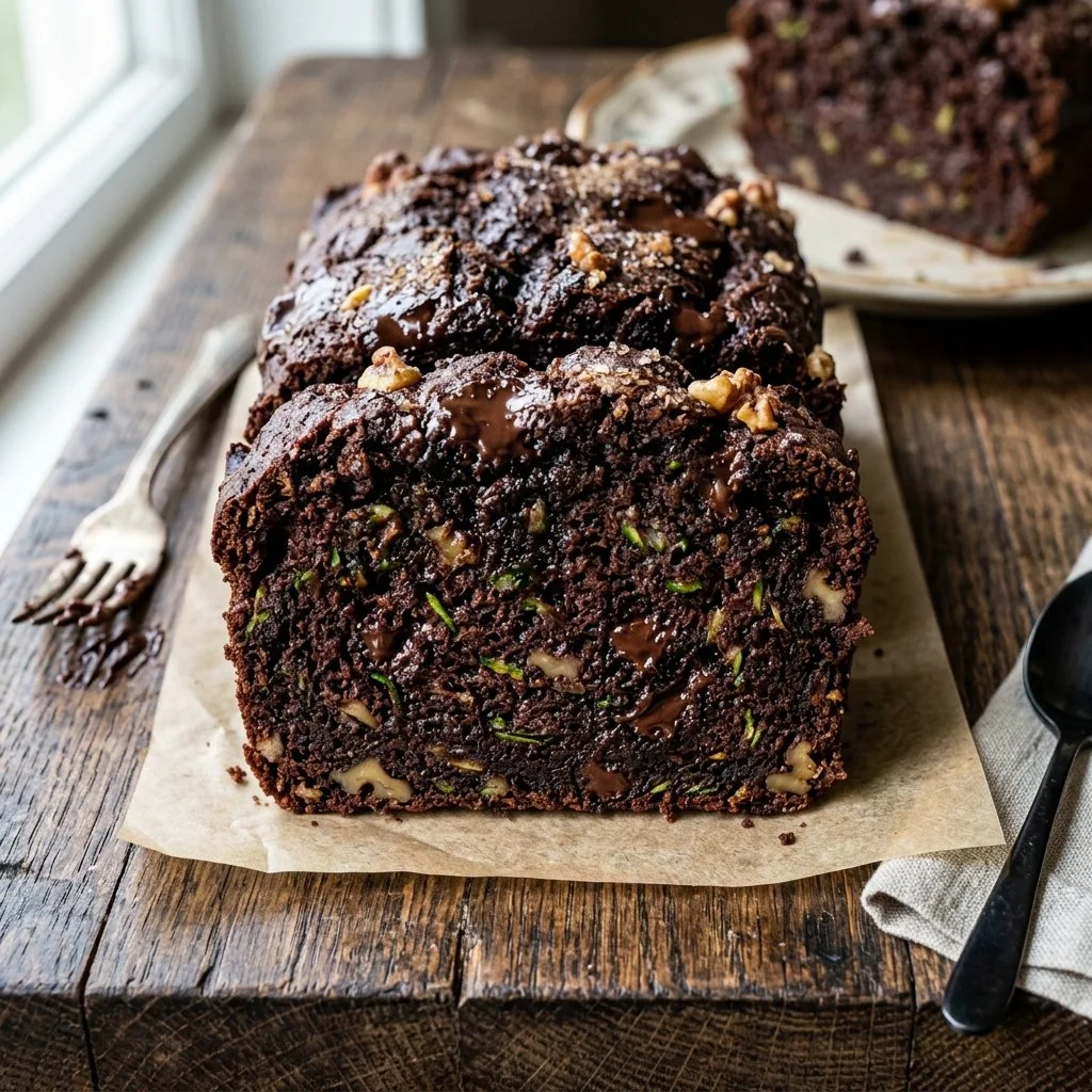 A loaf of moist chocolate zucchini bread on a wooden table with a slice cut out.
