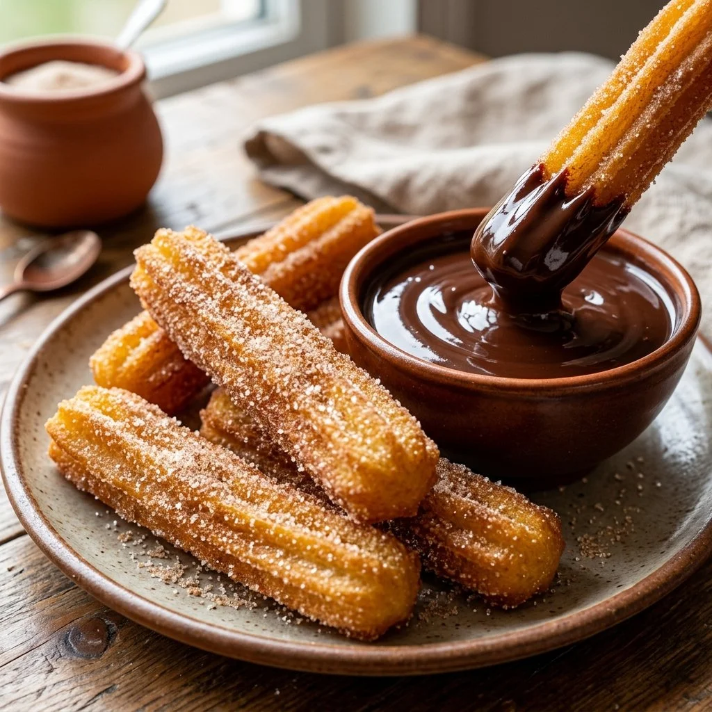 Delicious churros drizzled with rich chocolate sauce on a plate