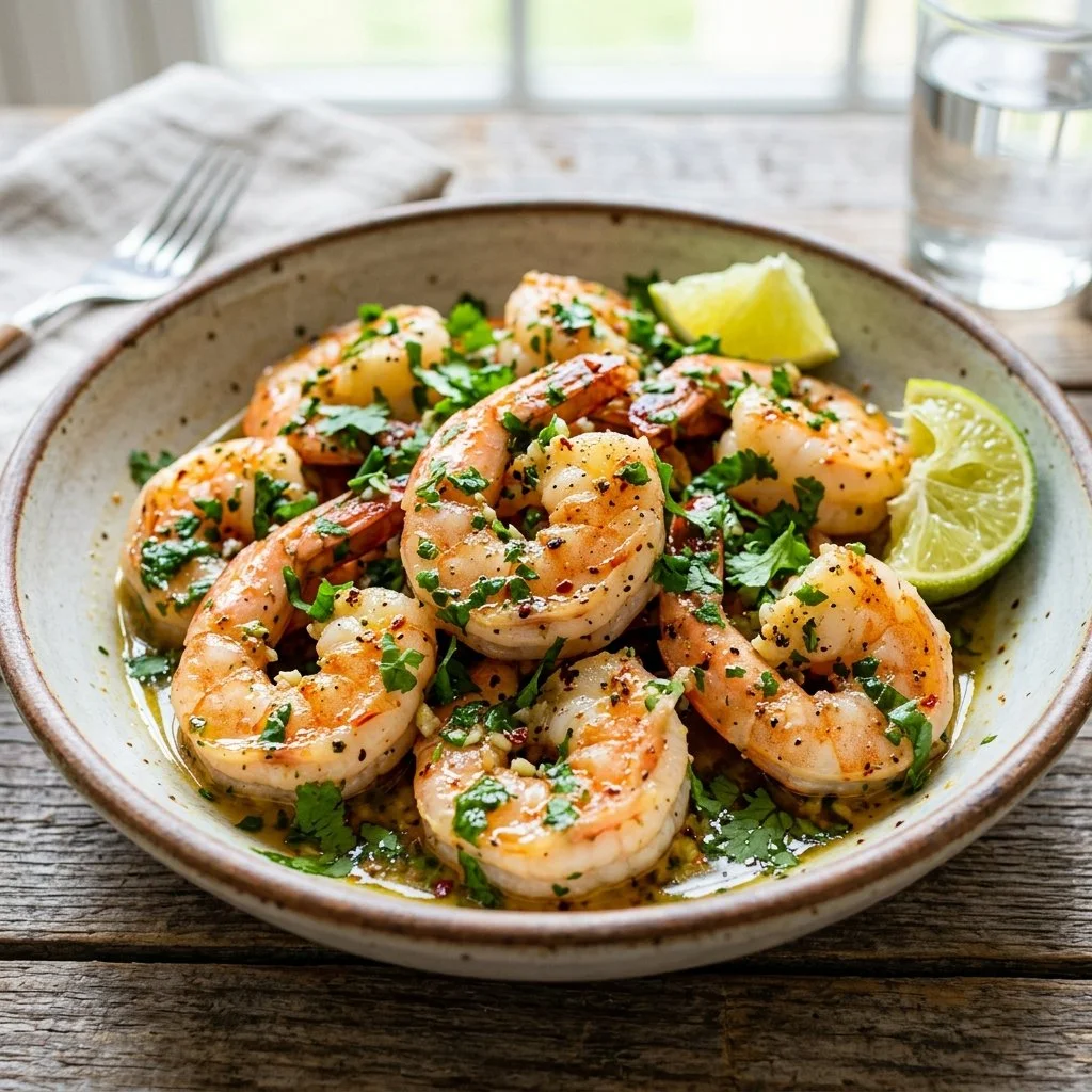 Cilantro lime shrimp served on a plate with fresh lime and cilantro garnish
