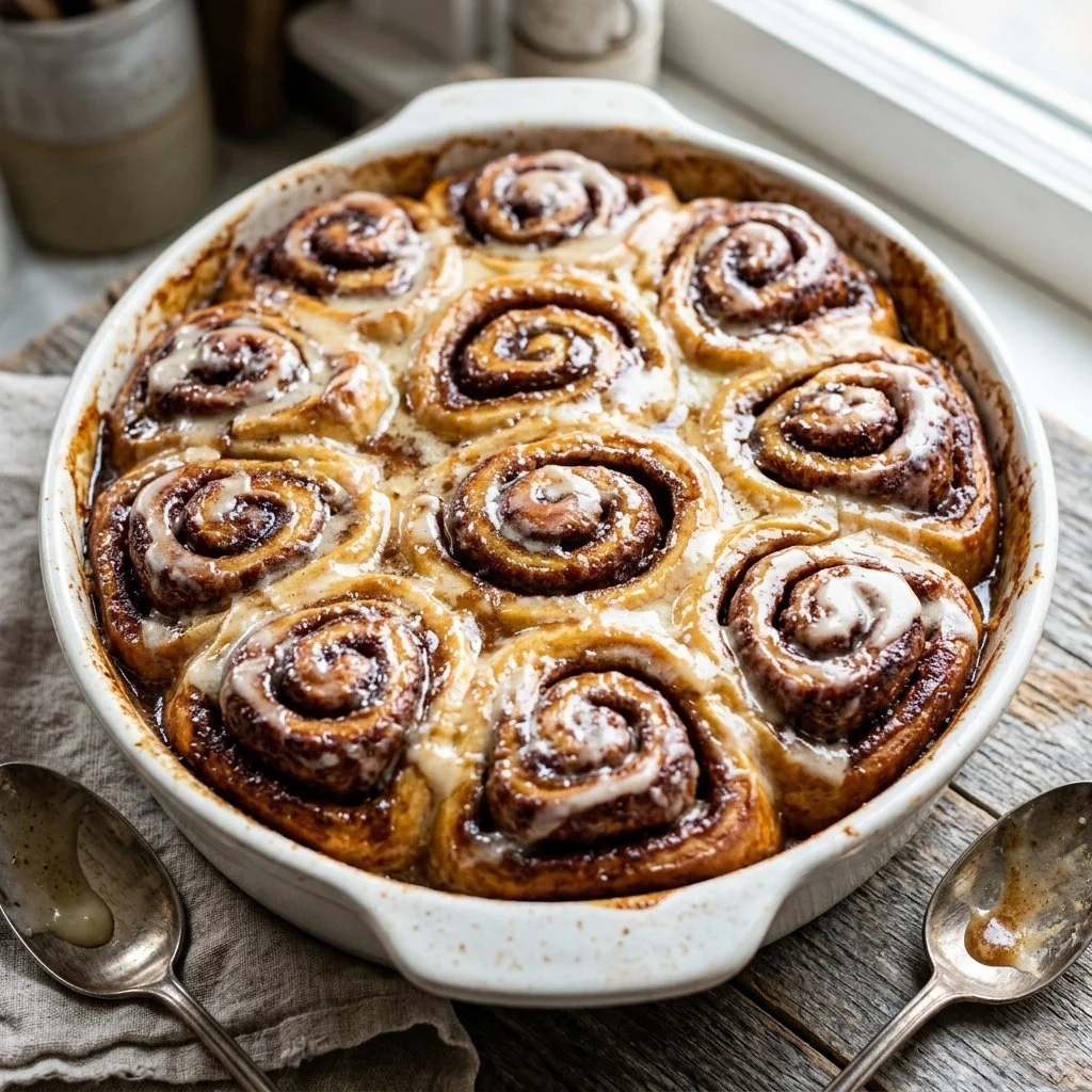 Delicious cinnamon roll casserole baked with icing, perfect for breakfast or dessert.