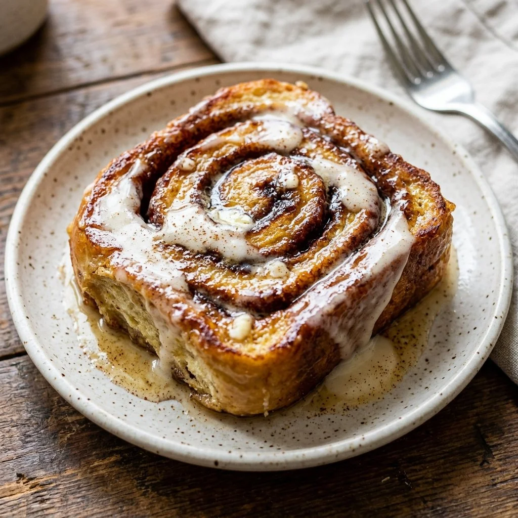 Delicious Cinnamon Roll French Toast topped with icing and berries