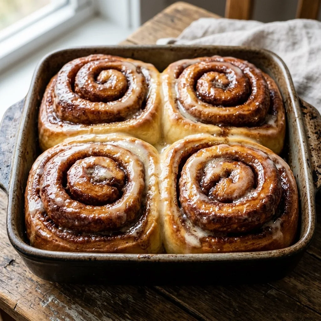 Freshly baked cinnamon rolls topped with creamy icing.