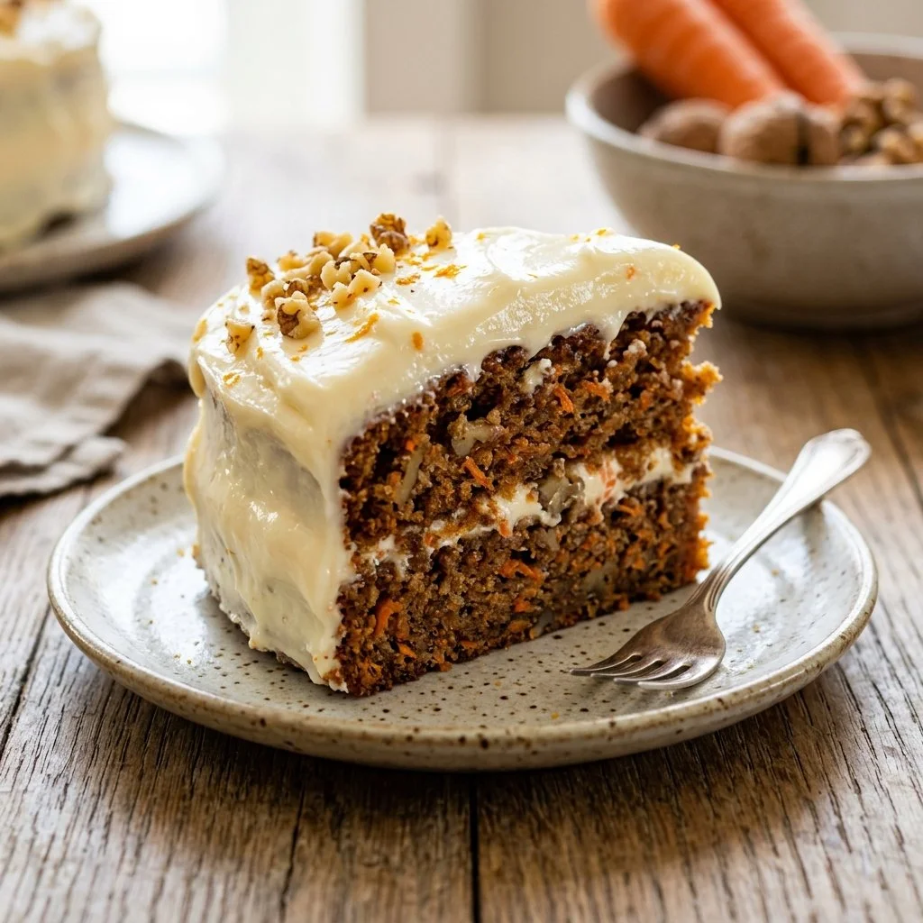 Delicious slice of classic carrot cake topped with cream cheese frosting.