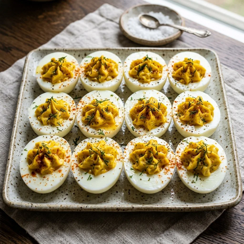 Classic deviled eggs on a platter garnished with paprika and herbs