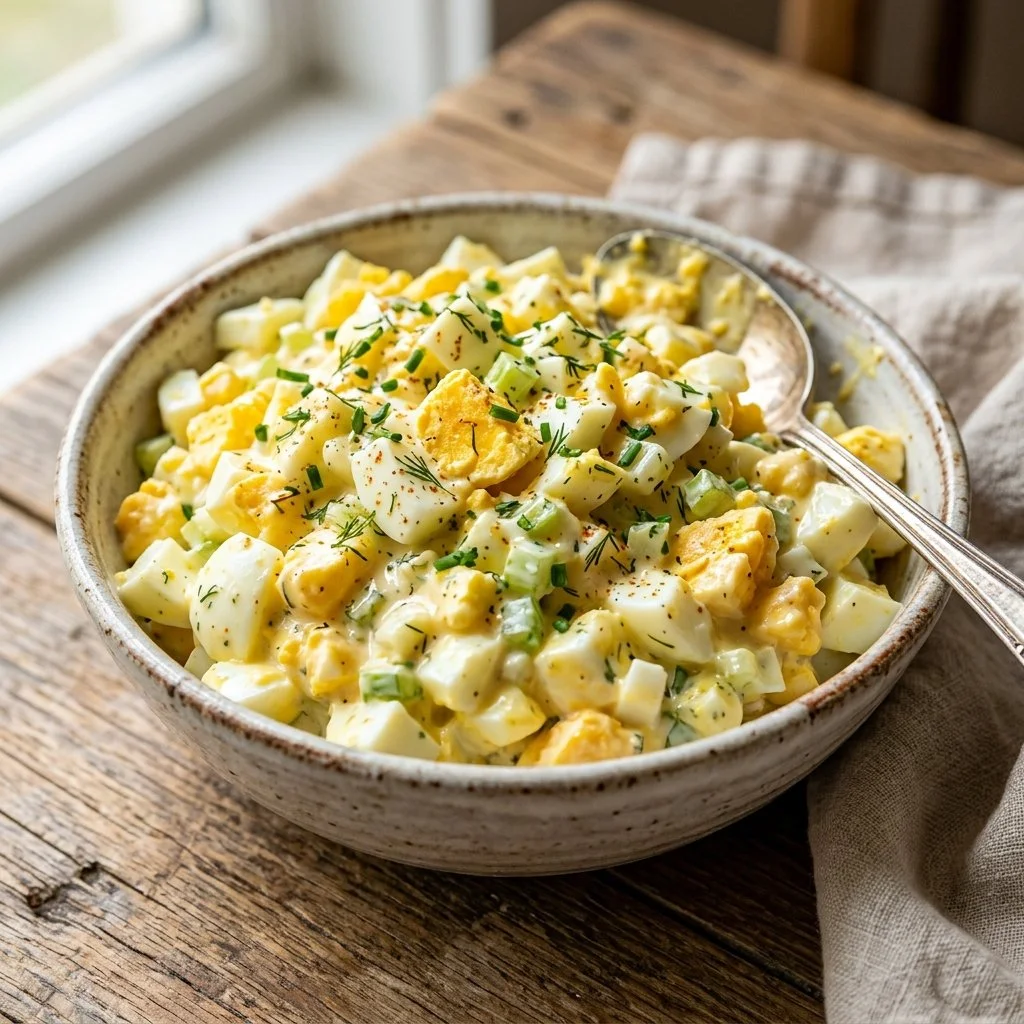Bowl of classic egg salad served with fresh herbs and spices