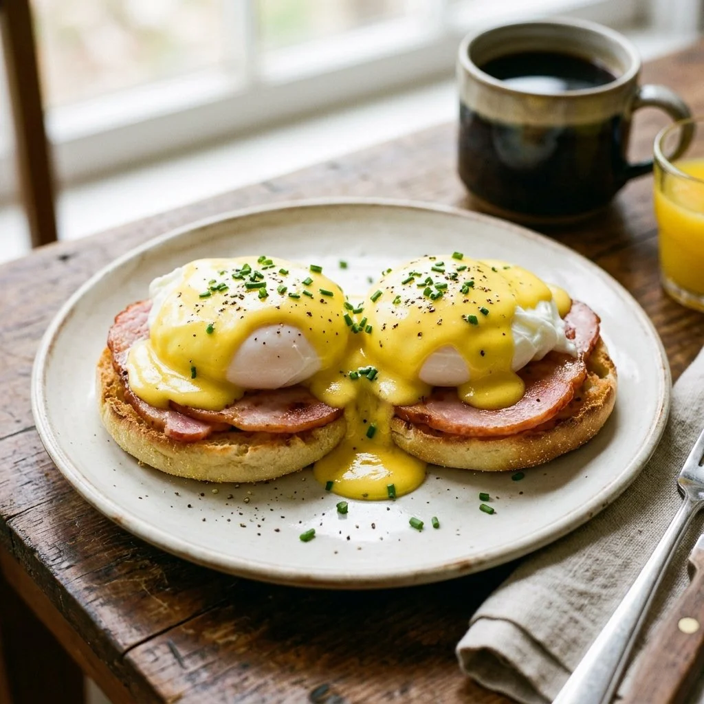 Classic Eggs Benedict with poached eggs and hollandaise on an English muffin.