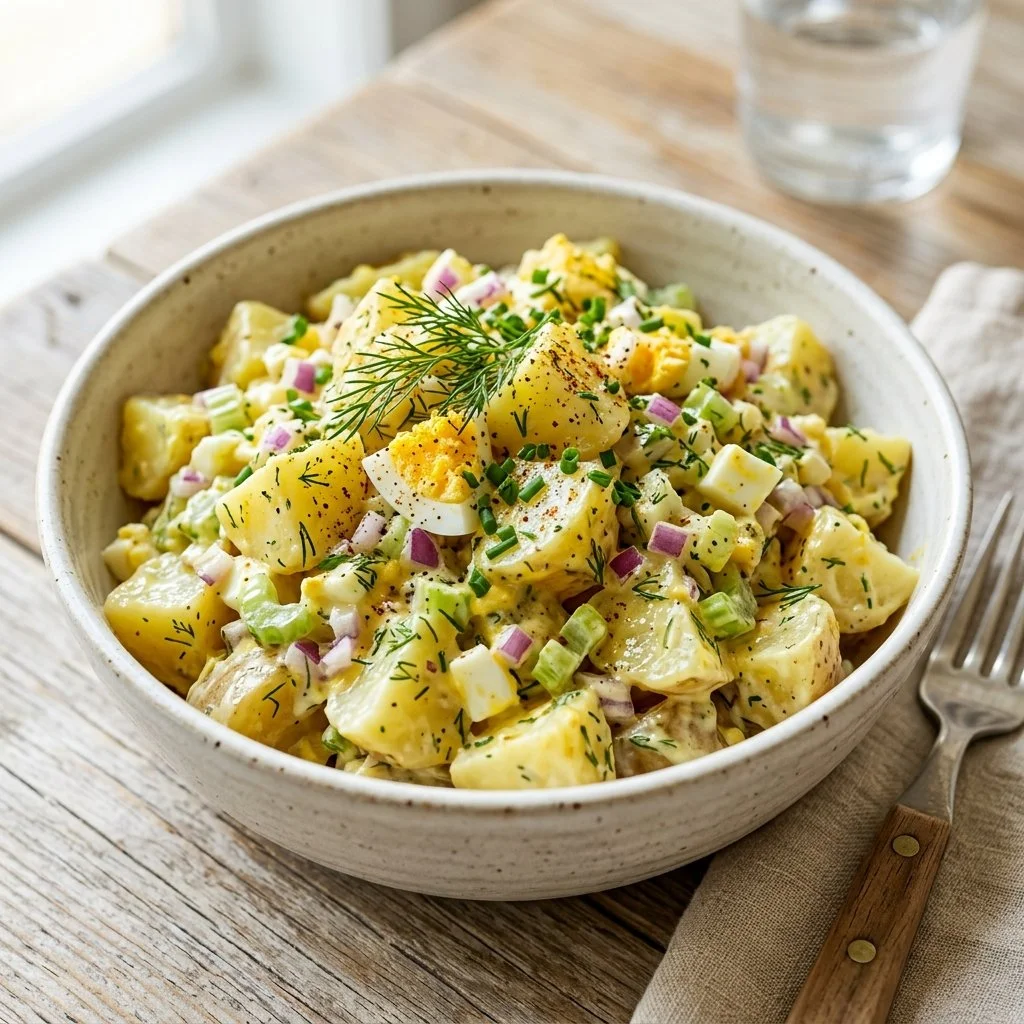 A bowl of classic potato salad with eggs, celery, and mayonnaise