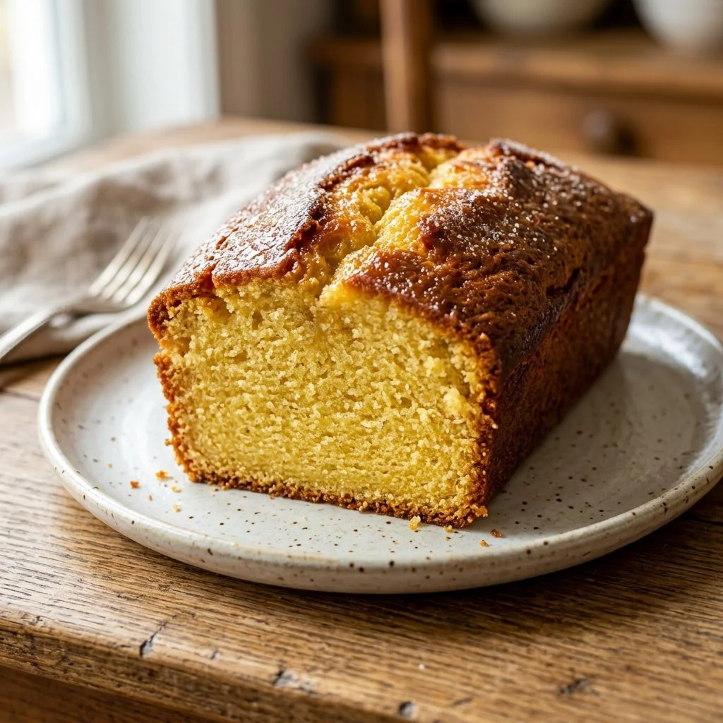 Slice of classic pound cake on a plate with a fork