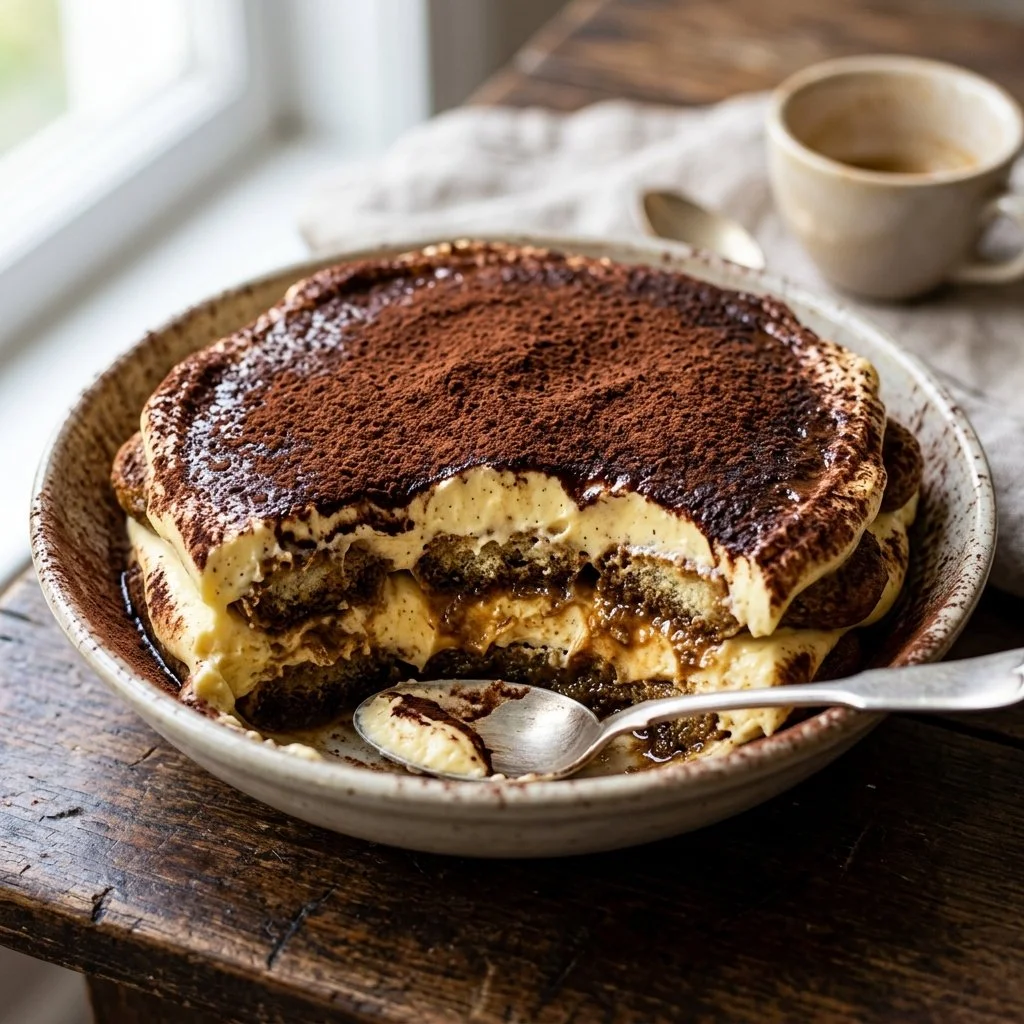 Classic tiramisu dessert with layers of coffee-soaked ladyfingers and creamy mascarpone