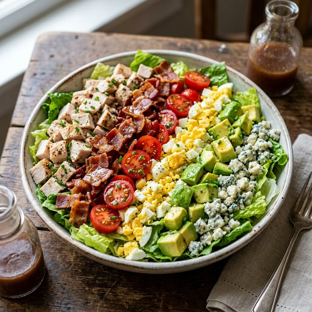 A vibrant Cobb salad with fresh greens, avocado, bacon, and blue cheese.