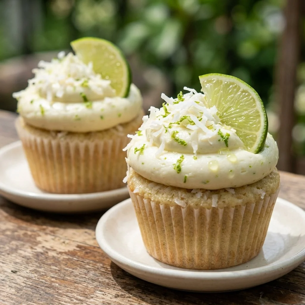 Delicious Coconut Lime Cupcakes topped with creamy lime frosting.