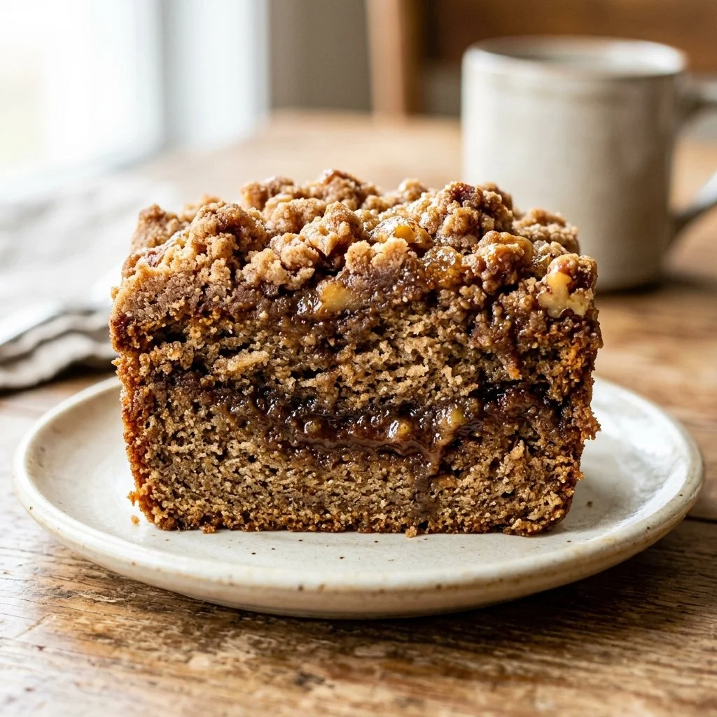 Delicious coffee cake topped with streusel and served on a plate.