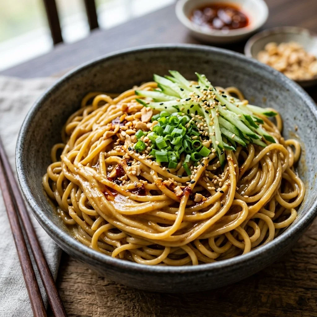 Delicious bowl of cold sesame noodles garnished with vegetables and sesame seeds.