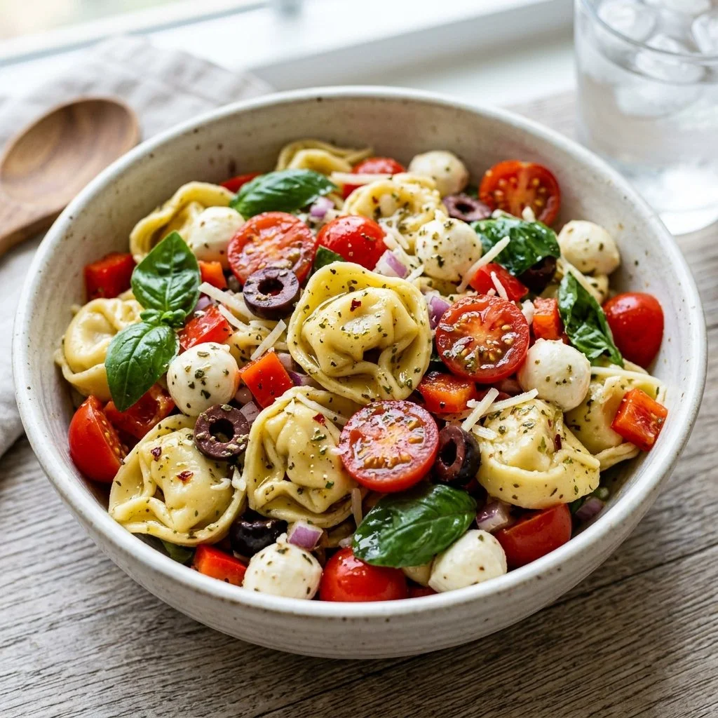 Delicious cold tortellini pasta salad with fresh vegetables and dressing