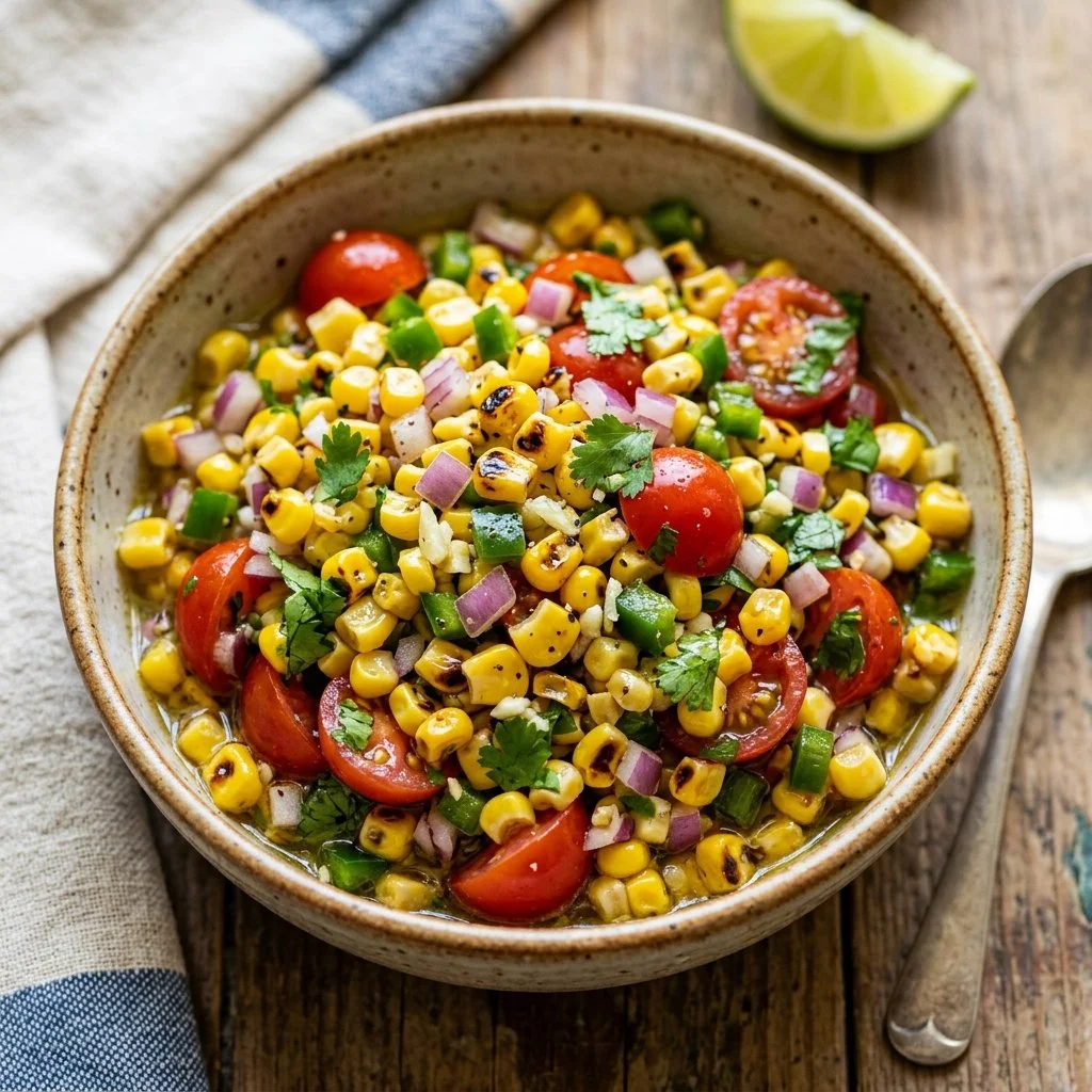 Delicious corn salsa served in a bowl with fresh ingredients.