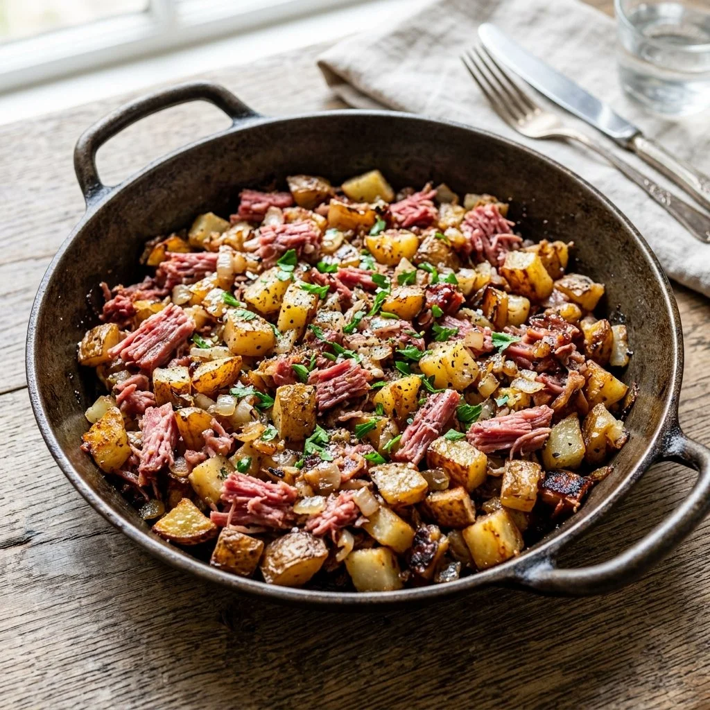 Delicious serving of corned beef hash topped with a sunny side up egg.