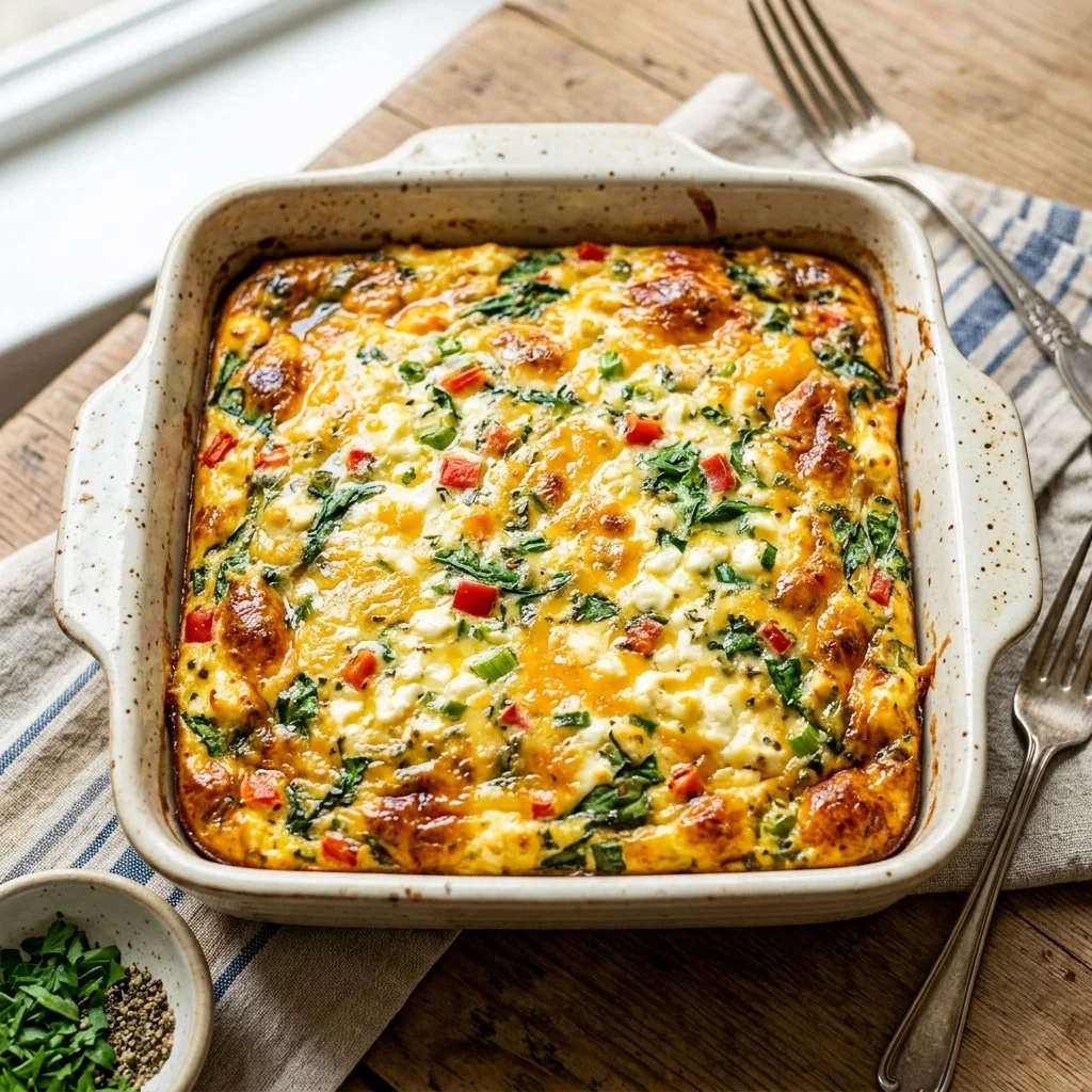Cottage cheese egg bake served in a dish with fresh herbs on top