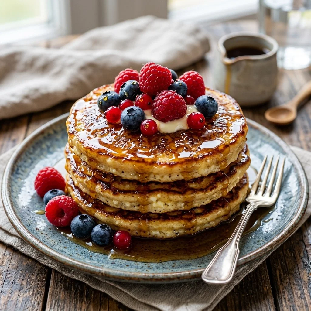 Fluffy cottage cheese pancakes served with fresh berries and syrup