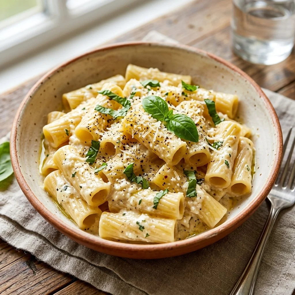 Creamy cottage cheese pasta sauce ready to serve over spaghetti.