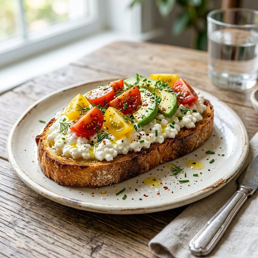Cottage cheese toast topped with fresh herbs and sliced tomatoes